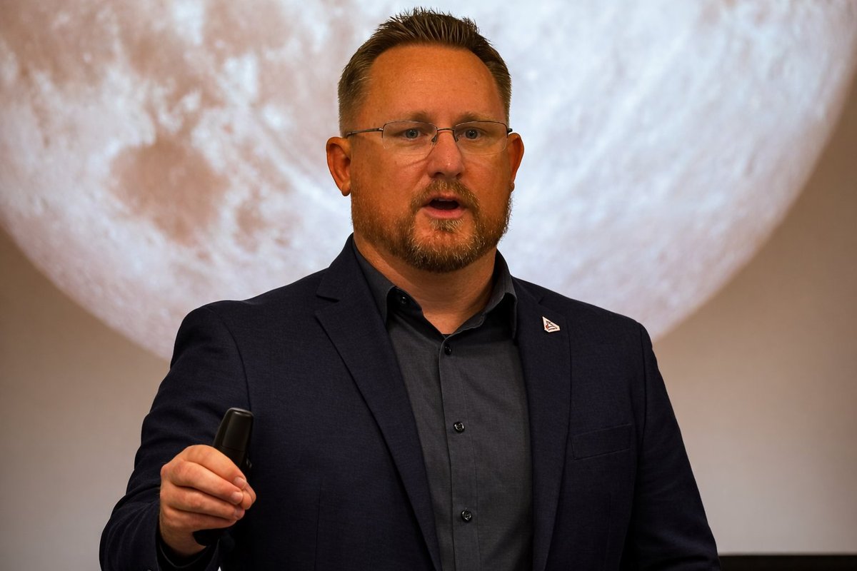 Jason Bollinger speaking at the Astronaut Memorial Foundation Career Event, Kennedy Space Center